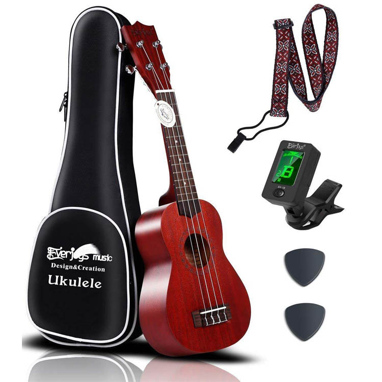 Mahogany Soprano Ukulele Kit - Professionel 21 tommer m / sagstrop Tuner Aquila strings EVUKP01
