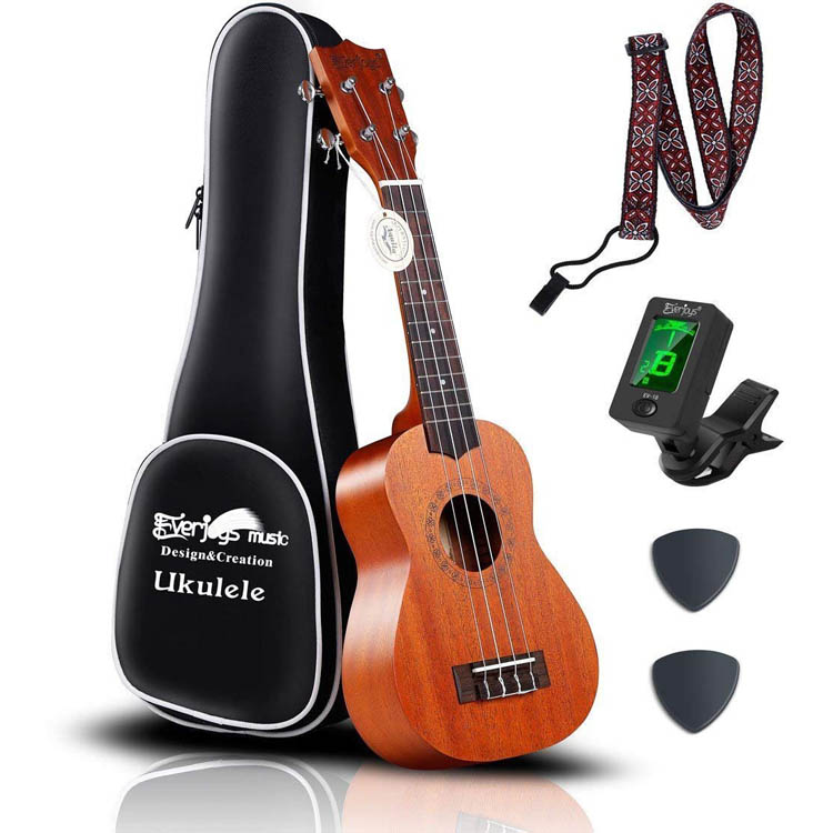 Mahogany Soprano Ukulele Kit - Professionel 21 tommer m / sagstrop Tuner Aquila strenge EVUKP02